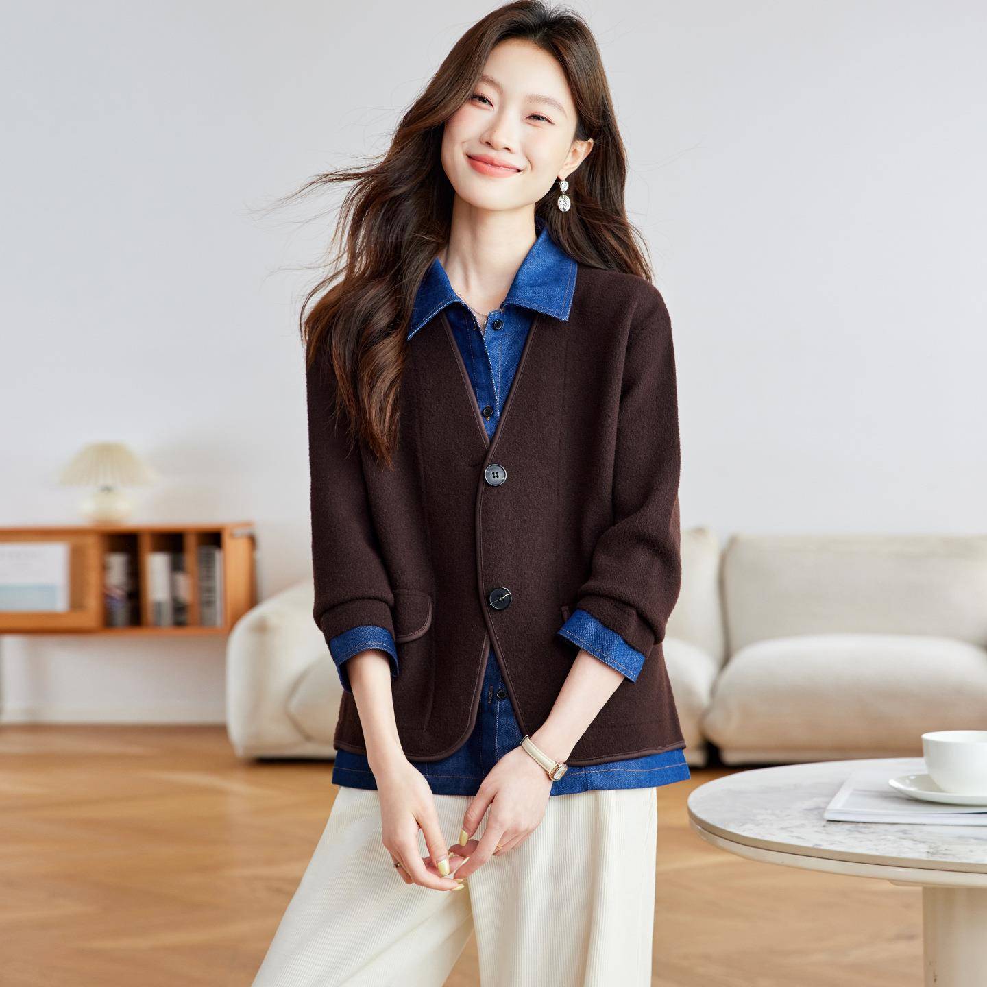 牛仔接翻领毛衣开衫外套女2025SH098-08冬新款小S个子秋拼小香风