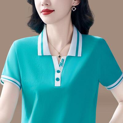 刺装绣短袖妈恤女夏新款99289洋气妈纯松棉衫宽休闲上衣翻领