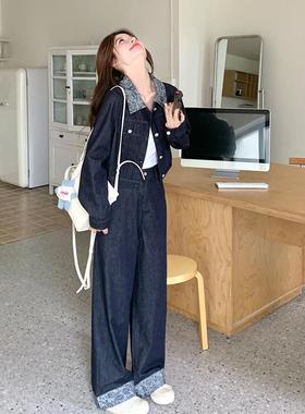 深蓝色复古酷飒风牛仔休闲套阔女2025装C209-W58秋设计感短外套腿