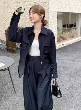 深蓝色闲复古设计感通套装2勤025秋季时尚休c169-256阔翻领外套腿