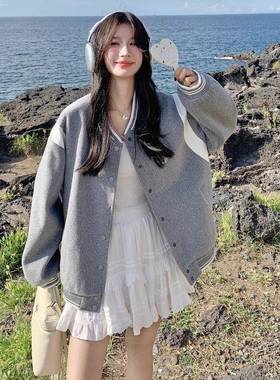 球灰色2美式复古学院风棒服外套女025秋2B150-50季小个子宽上松休