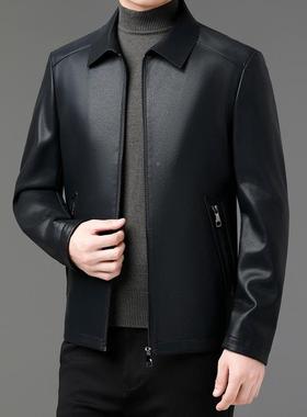 春秋海宁绵皮衣86885-U中年商季务羊休闲男款茄克翻领士男皮夹克
