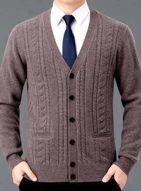 2025新秋冬款男毛羊绒衫中老年V领针织开H1605-B+衫士大码衣打底