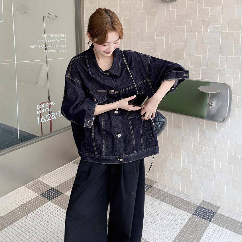 蓝色深复古高级感闲牛套装女2仔025秋季韩系休短C090-891外套阔腿