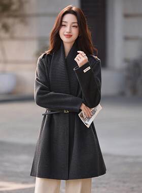女式毛呢外套秋冬呢新款女装系带HM8292配双面大衣季围脖