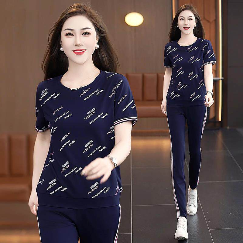 运动套装女夏季新款服件时尚洋气啊妈妈显瘦闲休短袖跑步92607两