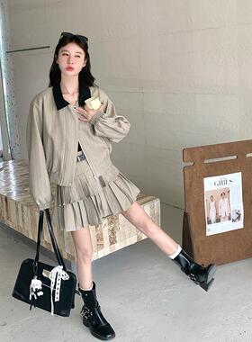 件浅灰色韩系学院风条纹套装0裙225秋季小C277-582女个子短外套百