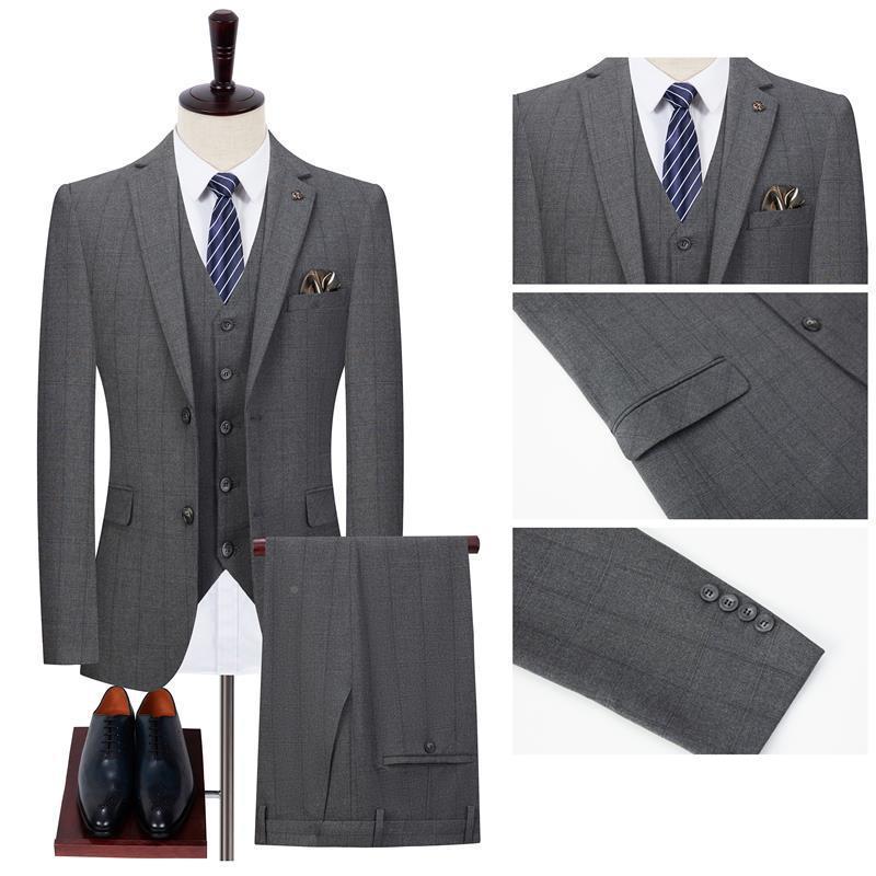 2025格子6157-L西服三件套套男修身装西装男轻商务职休闲韩版免士