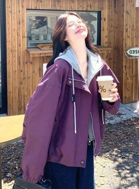 紫色韩系时洋气外拼接连D034-686帽假两件套女新2025秋季尚款百搭