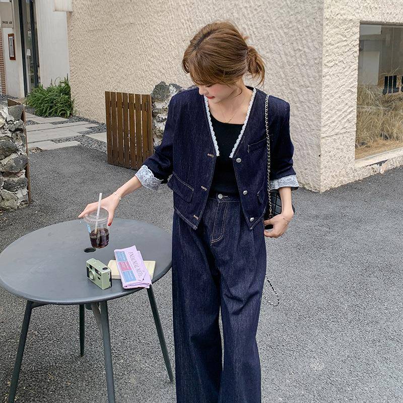 蕾丝接牛仔套装女早秋225新款0C075-602高级感拼气质减龄休闲阔腿