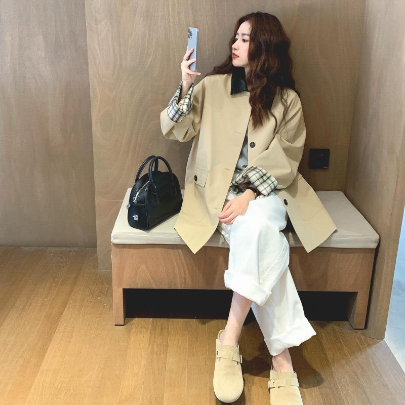 MMJ8027X卡其色格子接拼中长款搭风衣外套女秋季2025款高级新感宽