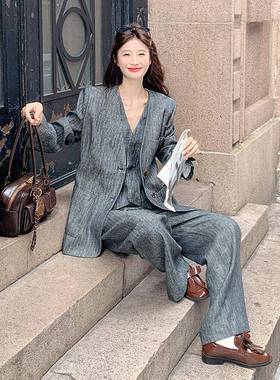 色古老钱风气质西服套装女2D012-252025秋季V复领马甲休闲阔灰裤