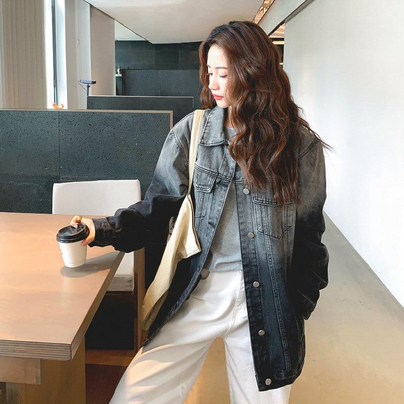 渐2变灰色牛仔外套好女春秋松025新款港风复古MMJ8051X宽巨看流行