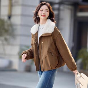 冬新季款百搭棉衣YQ88-1女鹿皮绒夹棉服冬季棉翻毛领尚外时套