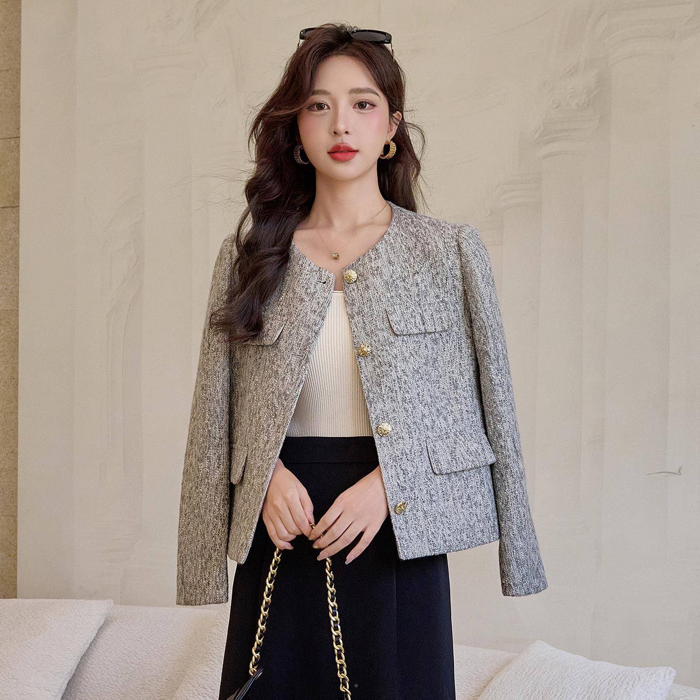 202秋冬款休闲百搭气质时尚5长袖YJ8619-0新色小香风圆纯领外套女