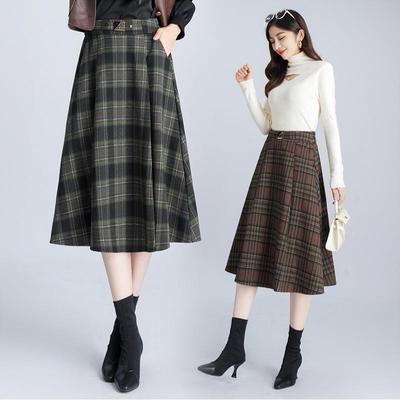 冬22930季新款时尚百搭高腰半身裙女中长A款秋格纹厚款时尚气裙质
