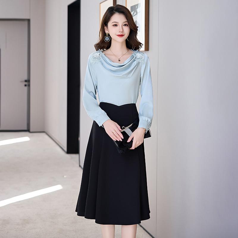 套装秋新款时堆堆领长袖衬衫收装半裙两HR770-6件腰套裙送腰带HR