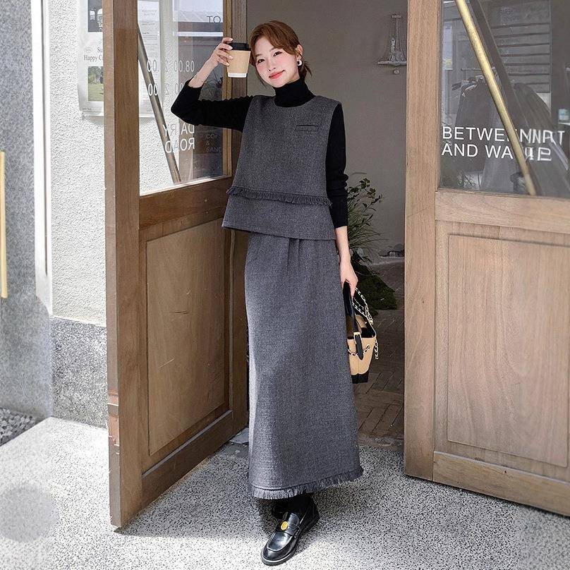 灰色法简约复式古休闲流套装苏裙2D008-D88025秋季新款女马甲半身