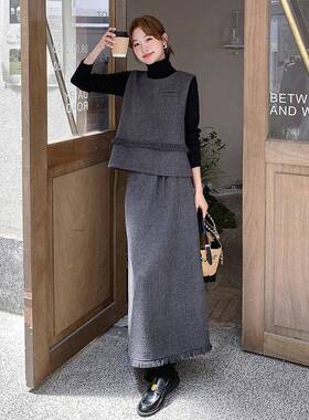 灰色法简约复式古休闲流套装苏裙2D008-D88025秋季新款女马甲半身