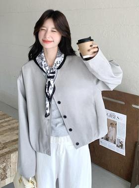 B163-253灰色休闲款外套2秋025短季新女款小个子超好看印花拼接设