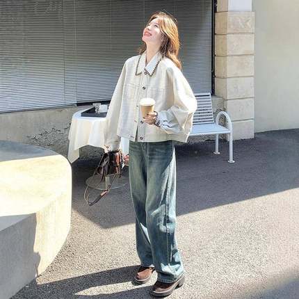 米白色韩系松弛短外套秋季2新0C318-99625女年款小个子减龄休闲工