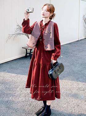 红色法风小式香风马甲温柔显瘦气质裙新款长袖两件套连C021-113衣