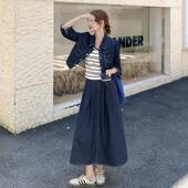性时深蓝色牛随半仔套装 裙女C159 9022025春秋短外套身尚裙条纹背