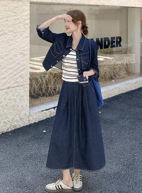 性时深蓝色牛随半仔套装裙女C159-9022025春秋短外套身尚裙条纹背
