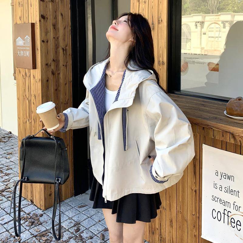 米韩C198-655系格拼接个抽绳连帽色工装外套女20纹25秋季小子休闲