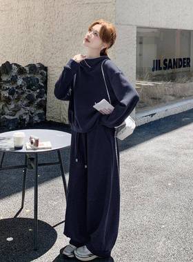 酒龄红色俏皮减2学院套装裤女C355-910025秋季新风款连帽卫衣阔腿