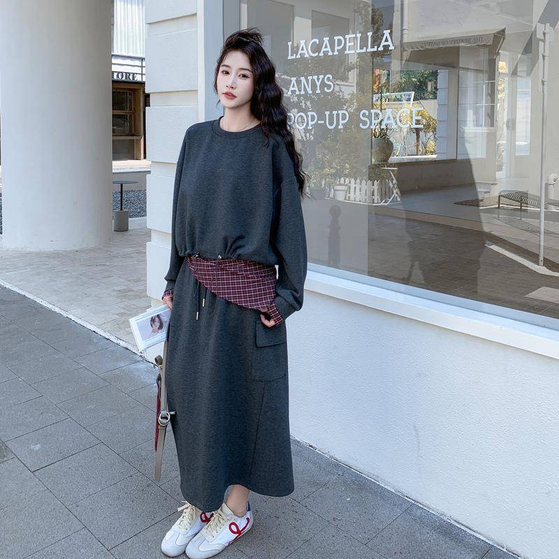 灰0色B171-XW7格纹假两件卫衣裙套装225新款女早件秋韩裙系穿搭工