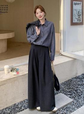 灰色韩三系高级感马甲装女025秋新款2不规则条纹衬衫阔B176-891腿
