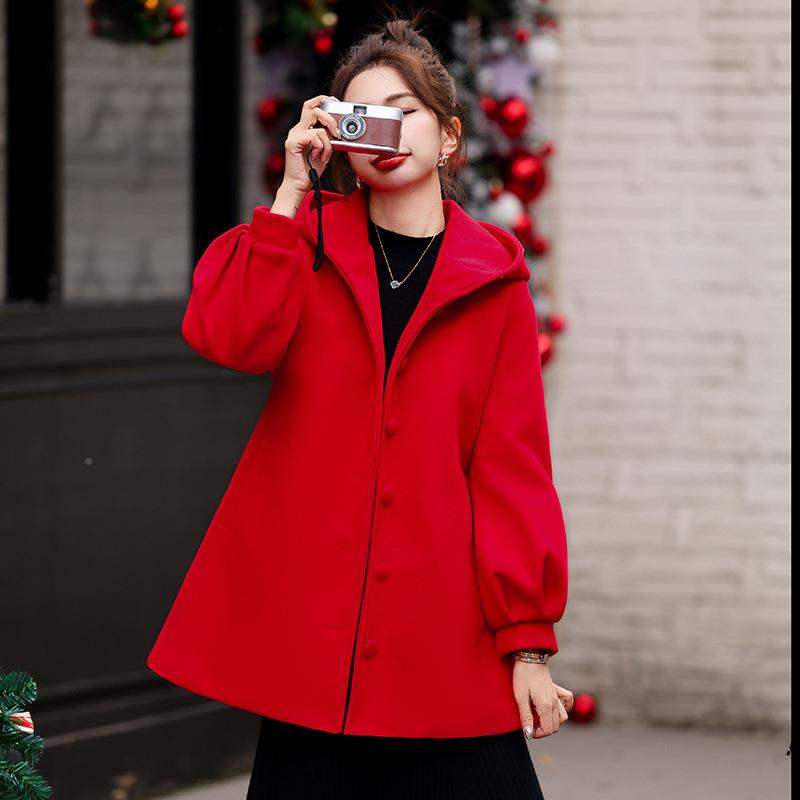 女式毛呢外套秋冬款宽松大毛新领夹HM2885-1棉时尚暖外套 配保巾