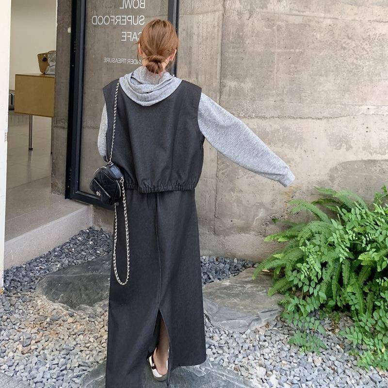 松感弛休闲针C036-W53织帽衫套装裙秋季2025新女款一套马甲整半身