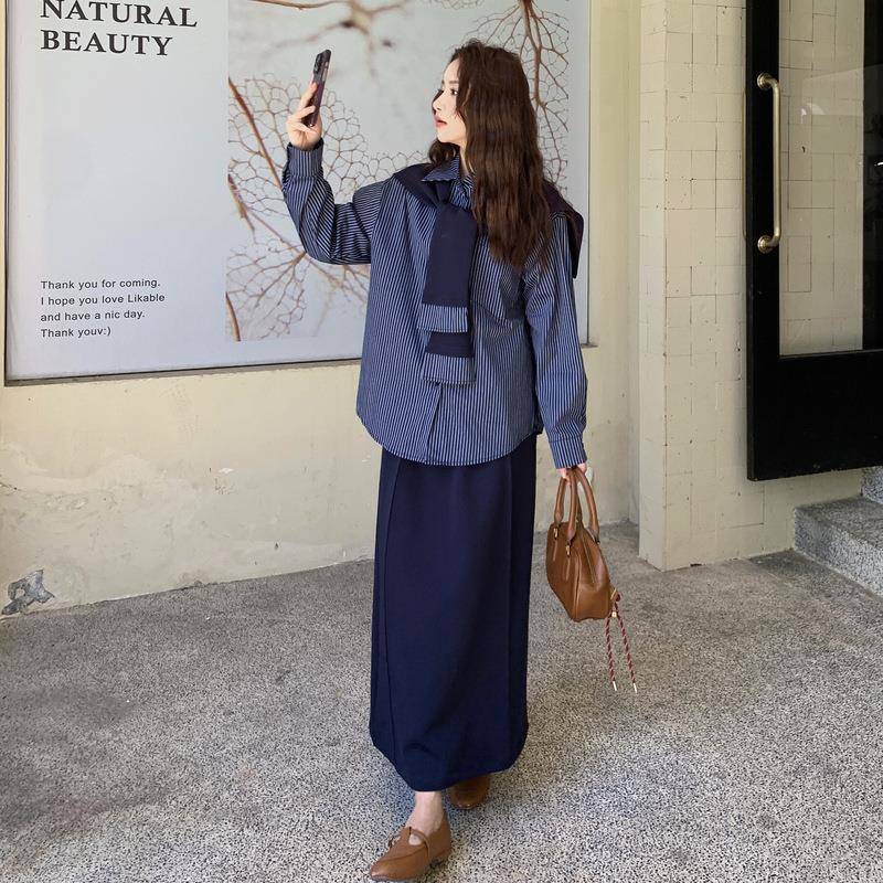 韩系秋懒穿搭套装女2早25新款C129-259慵风休闲披肩条纹衬衫半身