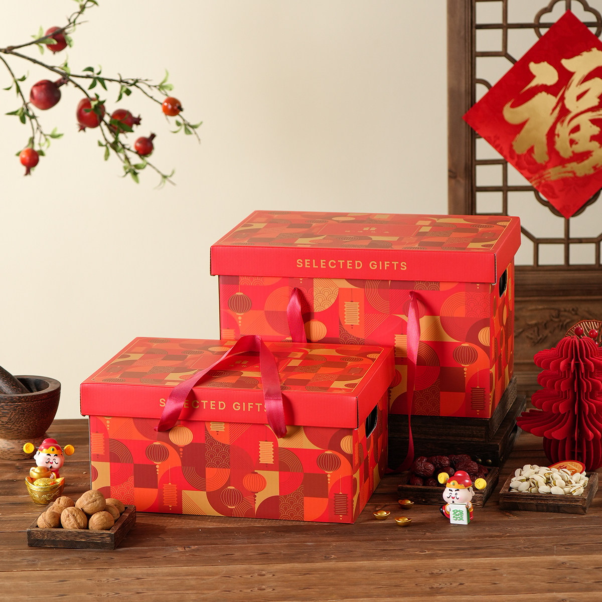 大容量新年喜庆年货特产水果零食坚果大礼包手提天地盖礼品盒空盒
