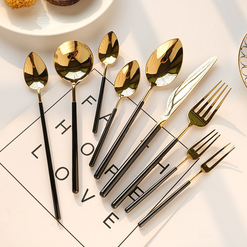 北欧ins黑金304不锈钢西餐餐具套装牛排刀叉勺四件套甜品叉汤勺子