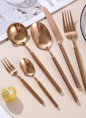日式304锤点不锈钢牛排刀叉勺四件套装西玫瑰金圆柄刀叉甜品餐具