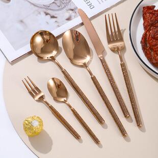 日式304锤点不锈钢牛排刀叉勺四件套装西玫瑰金圆柄刀叉甜品餐具