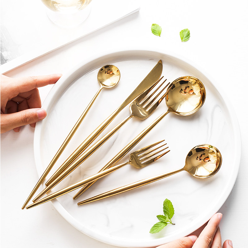 欧式葡萄牙金色不锈钢西餐刀叉勺筷子四件套304家用餐具牛排套装
