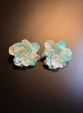 开花的橄榄 Vintage古着 Crystal Flora蓝色花朵耳钉 耳环 耳饰