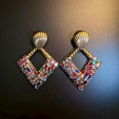 开花的橄榄 Vintage古着 Crystal Squares彩色几何耳钉 耳环 耳饰