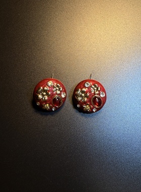 开花的橄榄 Vintage古着 Coral Crystal红色珐琅花朵耳钉耳环耳饰