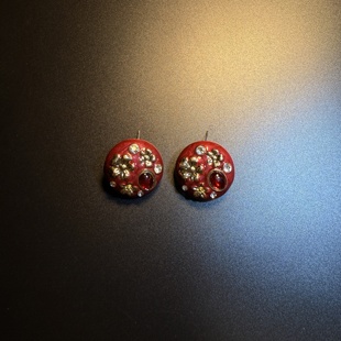 Coral Vintage古着 Crystal红色珐琅花朵耳钉耳环耳饰 橄榄 开花