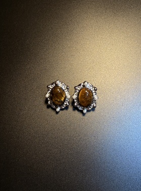 开花的橄榄 Vintage古着 Stripe Orb椭圆形虎眼石耳钉 耳环 耳饰