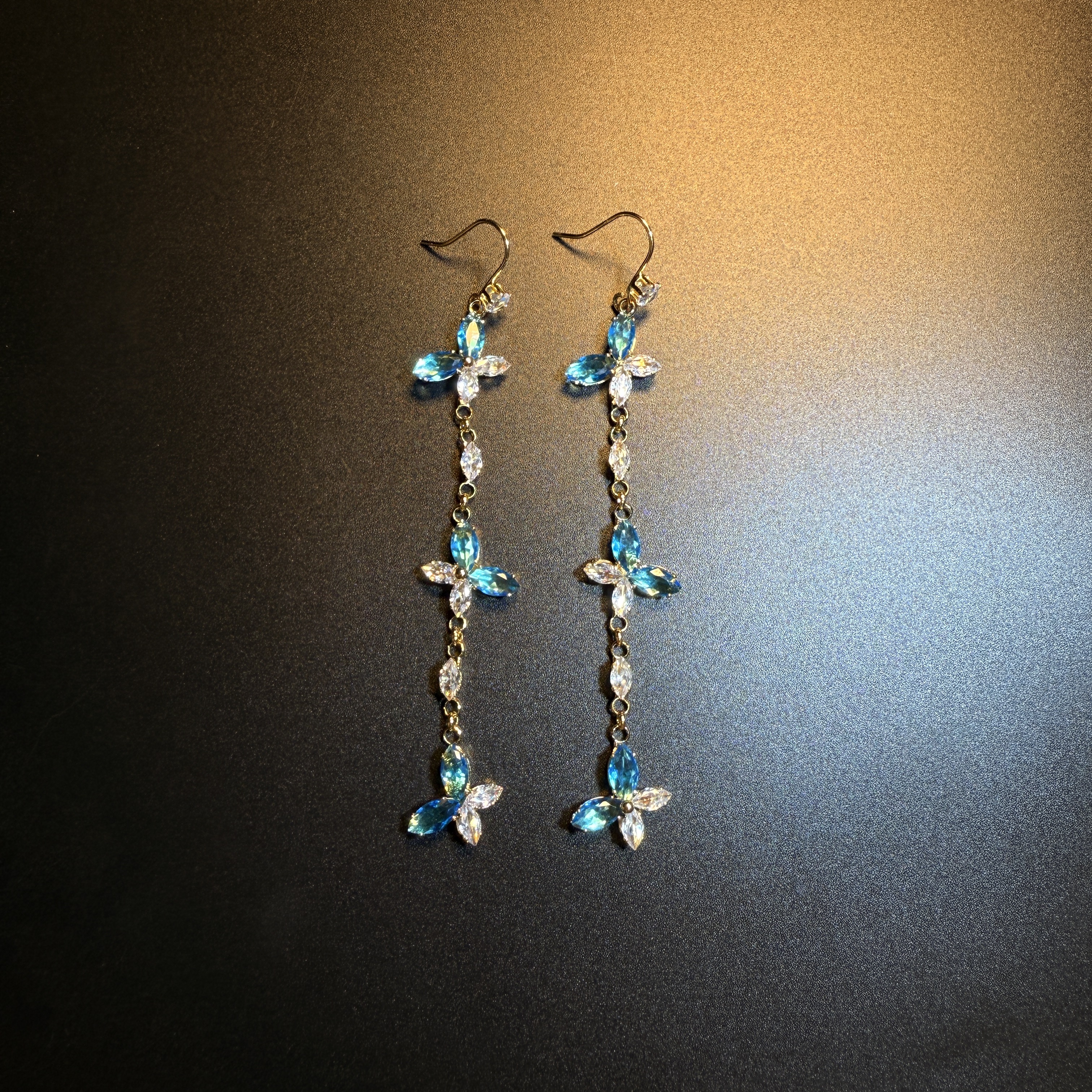 开花的橄榄Vintage古着 Azure Cascade长款蓝色流苏蝴蝶耳环 耳饰