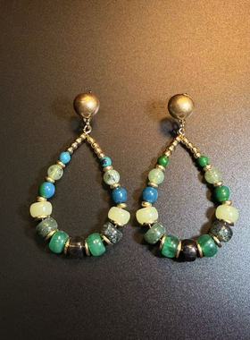 开花的橄榄 Vintage古着 Handmade Drops绿色水滴耳钉 耳环 耳饰