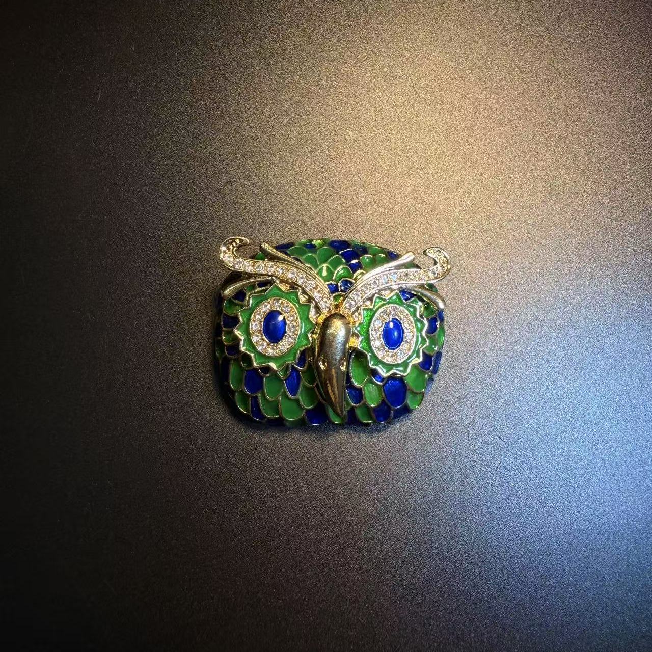 开花的橄榄 Vintage古着 Glow Owl绿色猫头鹰胸针