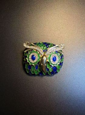 开花的橄榄 Vintage古着 Glow Owl绿色猫头鹰胸针