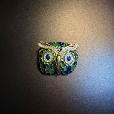 开花的橄榄 Vintage古着 Glow Owl绿色猫头鹰胸针